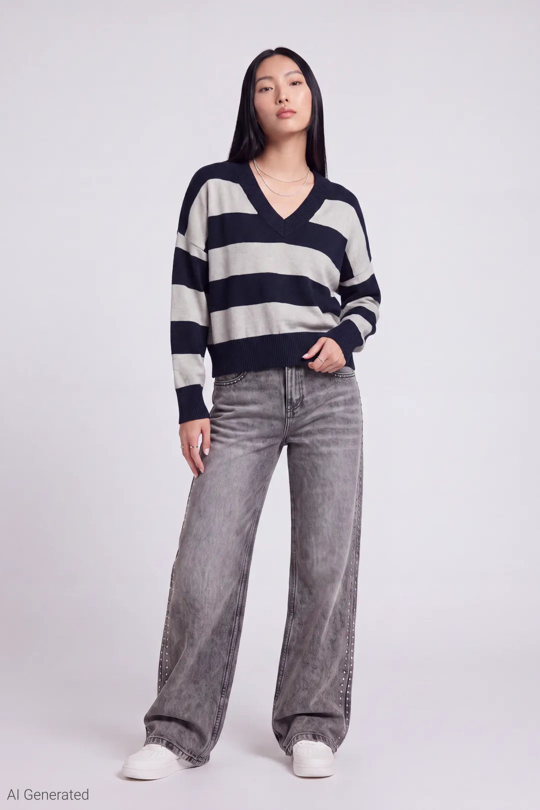 Alt View 2. Striped V-Neck Sweater - Navy
