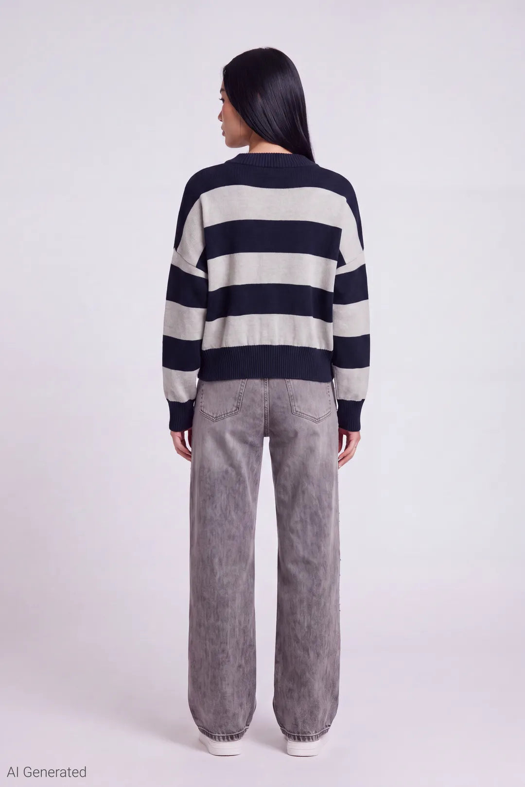 Alt View 3. Striped V-Neck Sweater - Navy