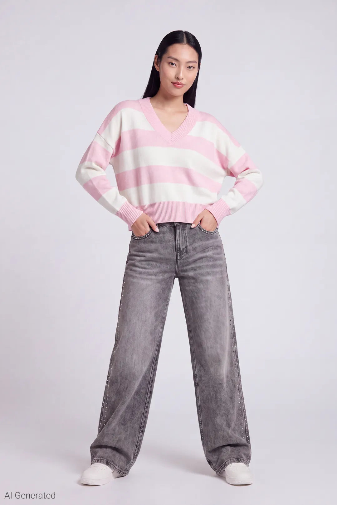Alt View 2. Striped V-Neck Sweater - Pink