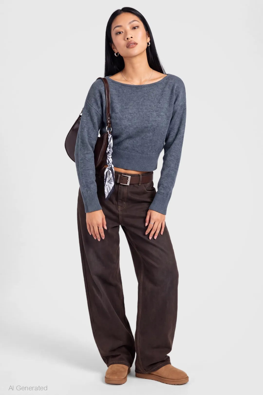 Alt View 3. Mossy Knit Boatneck Sweater - Grey Blue