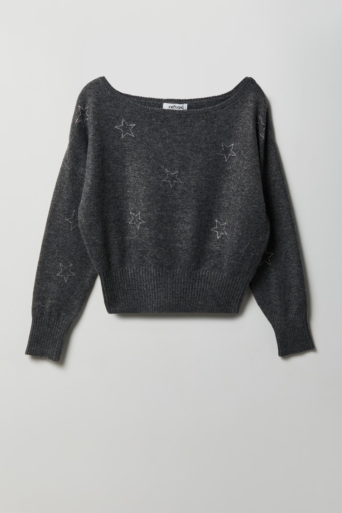 Mossy Knit Rhinestone Boatneck Sweater - Charcoal