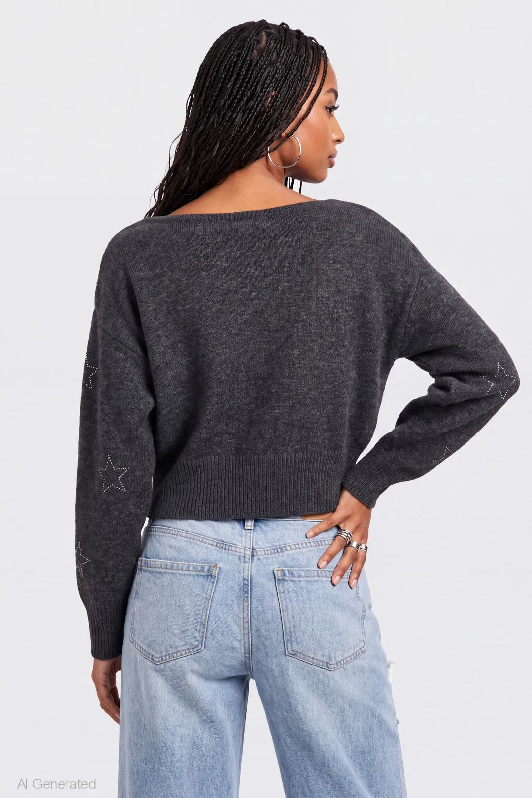 Alt View 2. Mossy Knit Rhinestone Boatneck Sweater - Charcoal