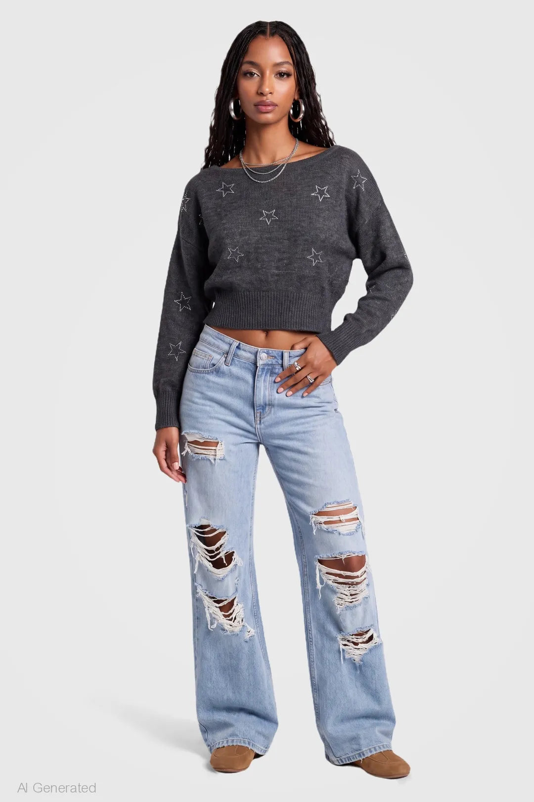 Alt View 3. Mossy Knit Rhinestone Boatneck Sweater - Charcoal