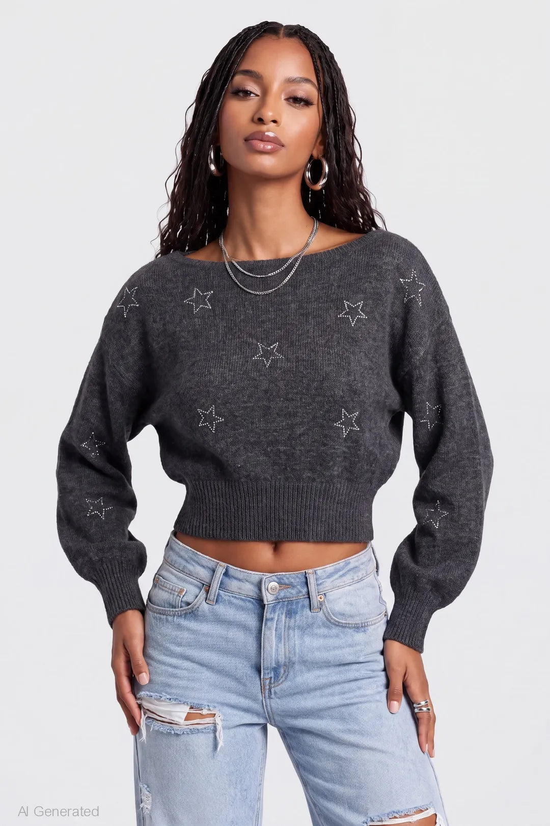 Mossy Knit Rhinestone Boatneck Sweater - Charcoal