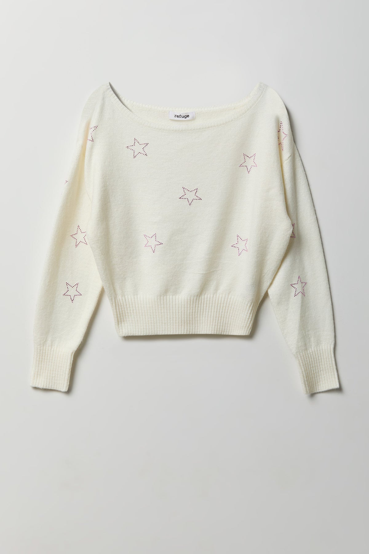 Mossy Knit Rhinestone Boatneck Sweater - Ivory