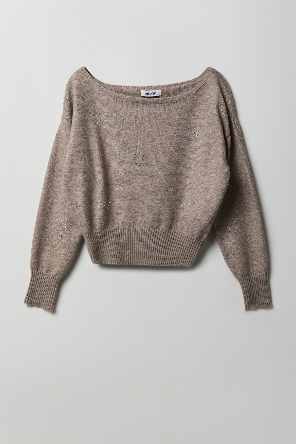 Mossy Knit Rhinestone Boatneck Sweater - Taupe