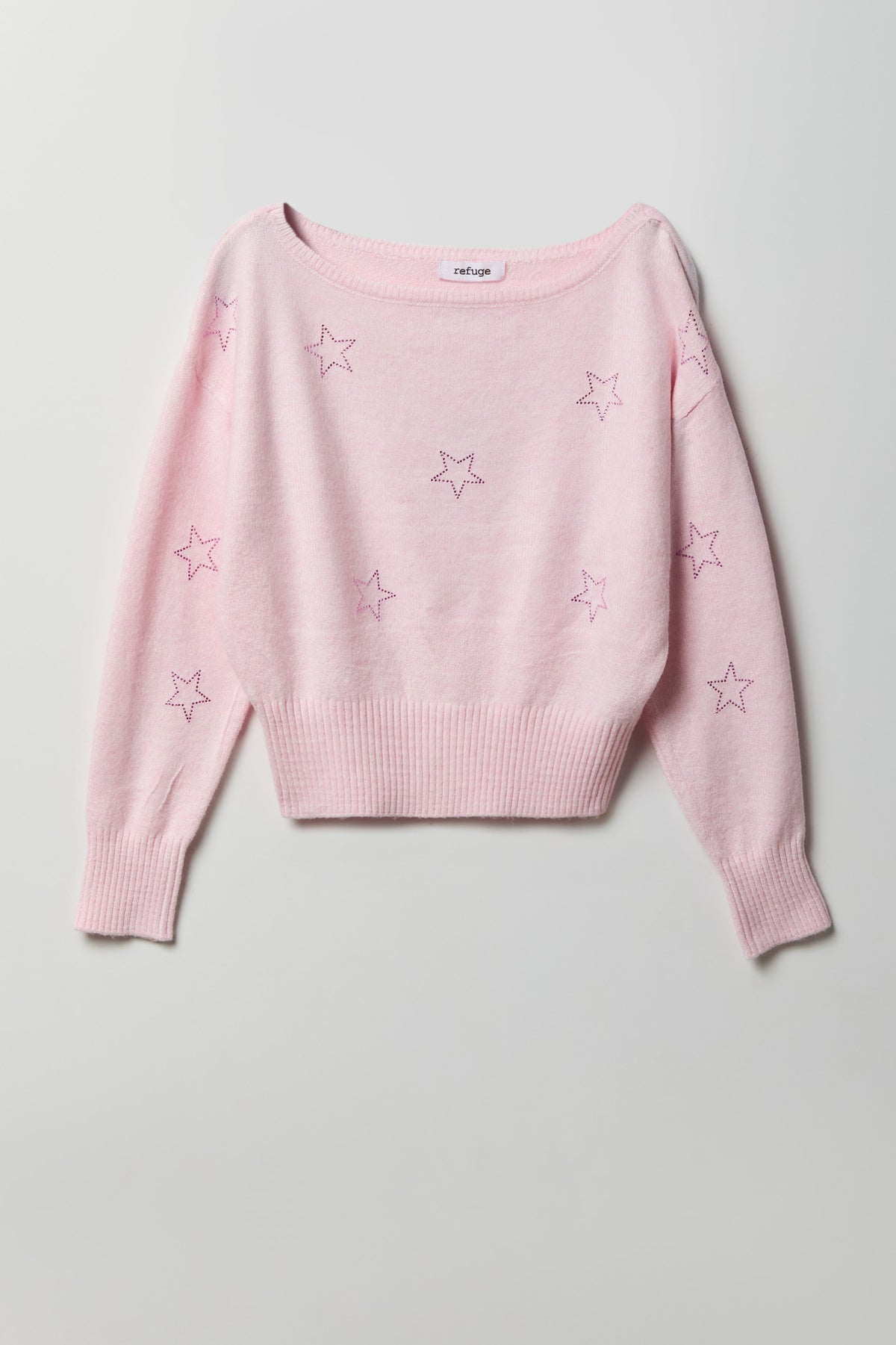 Mossy Knit Rhinestone Boatneck Sweater - Light Pink