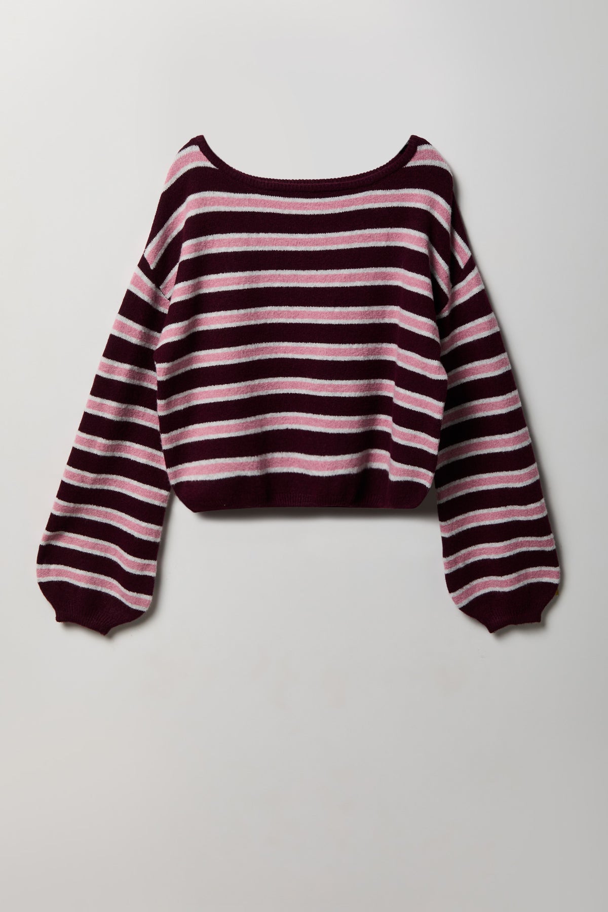 Striped Mossy Knit Boatneck Sweater - Burgundy