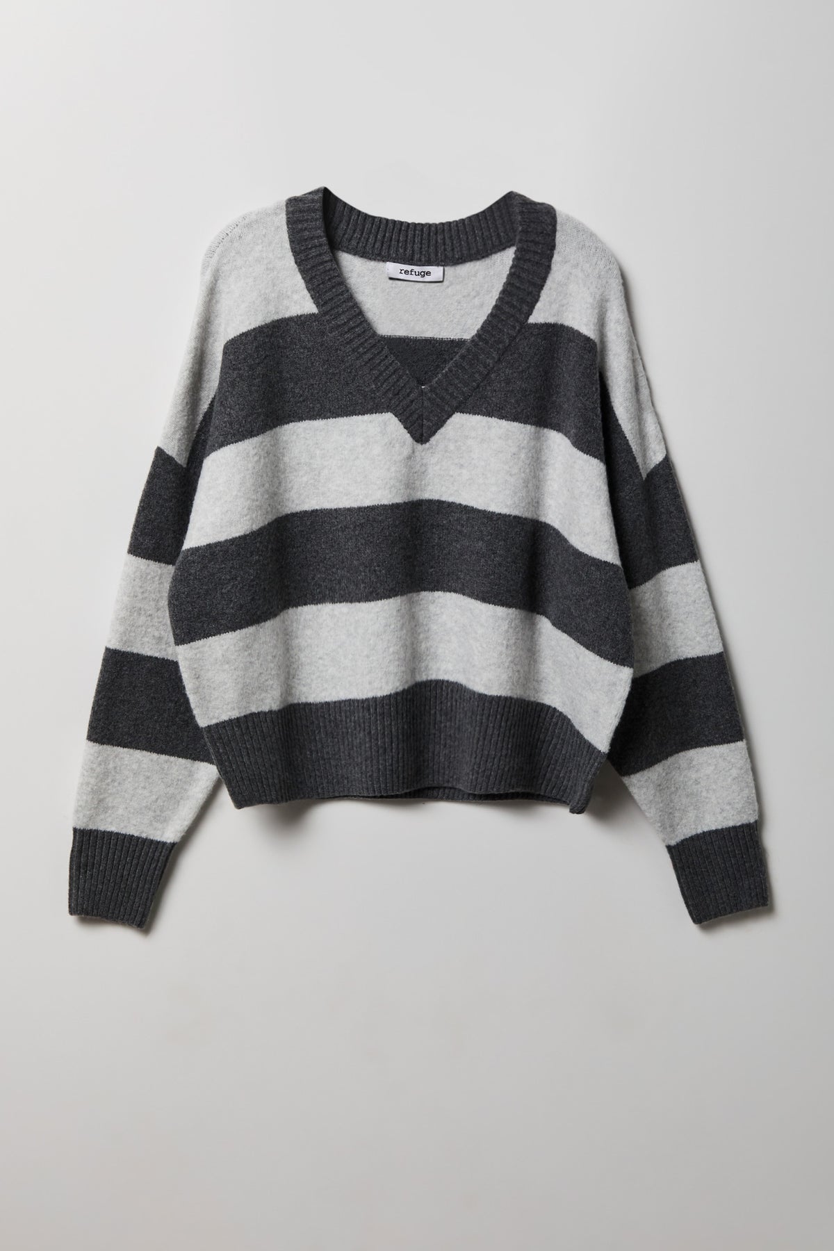 Striped Mossy Knit V-Neck Sweater - Heather Grey