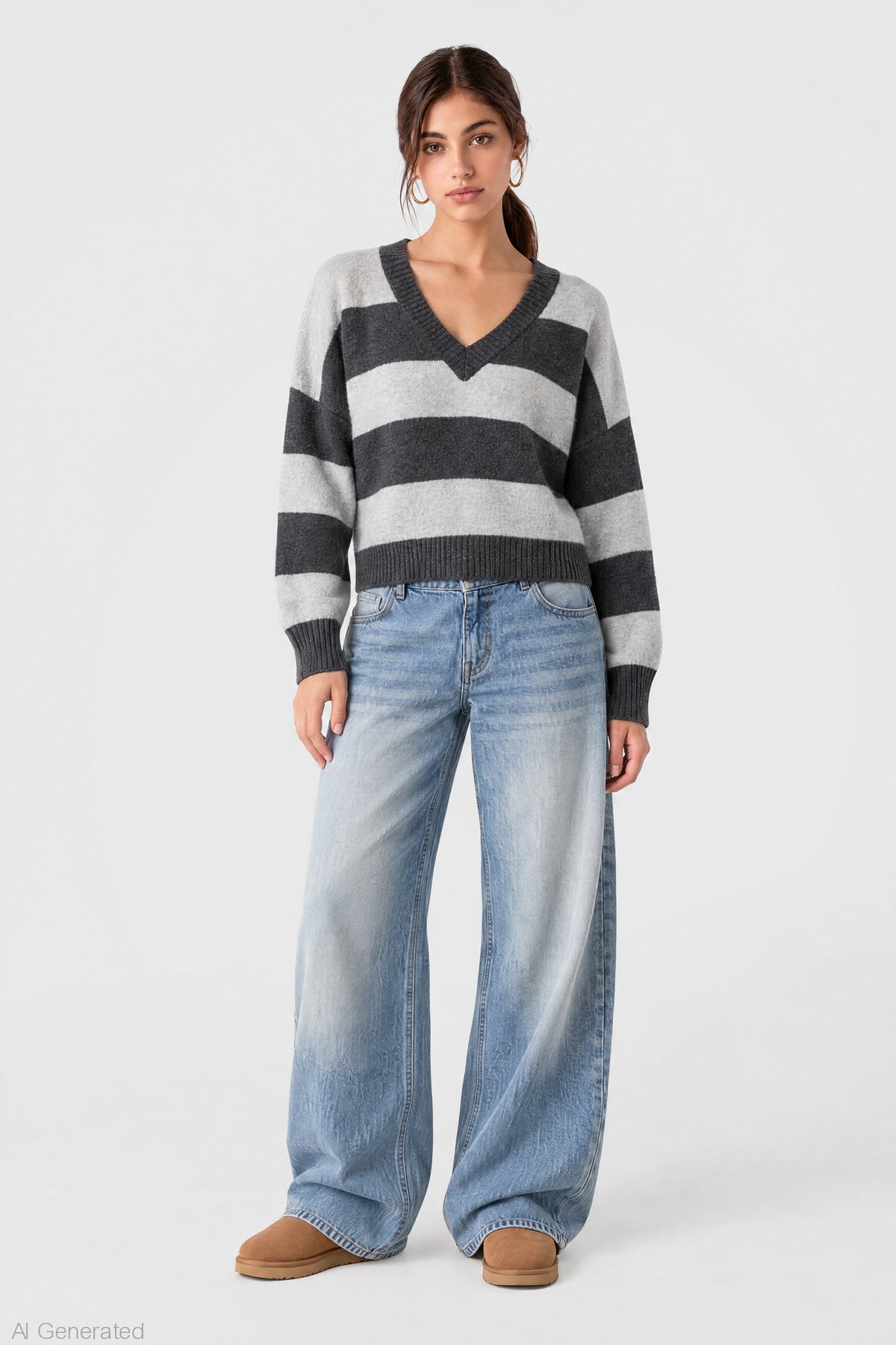 Striped Mossy Knit V-Neck Sweater – Charlotte Russe
