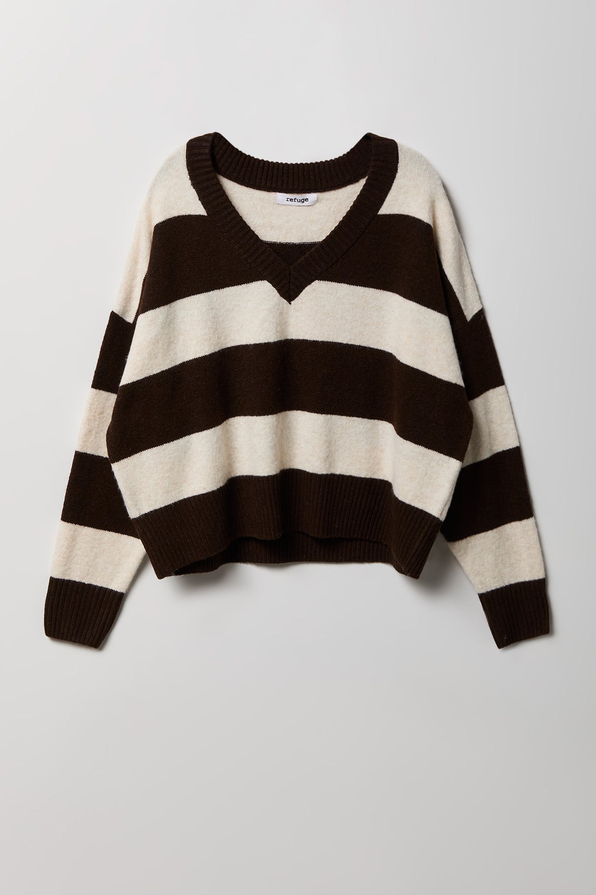 Striped Mossy Knit V-Neck Sweater - Oatmeal