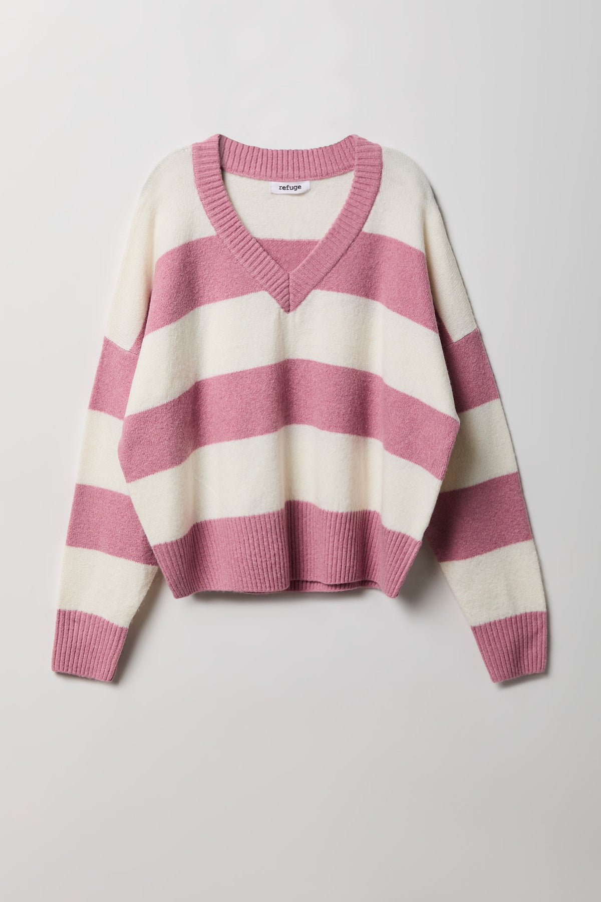 Striped Mossy Knit V-Neck Sweater - Pink