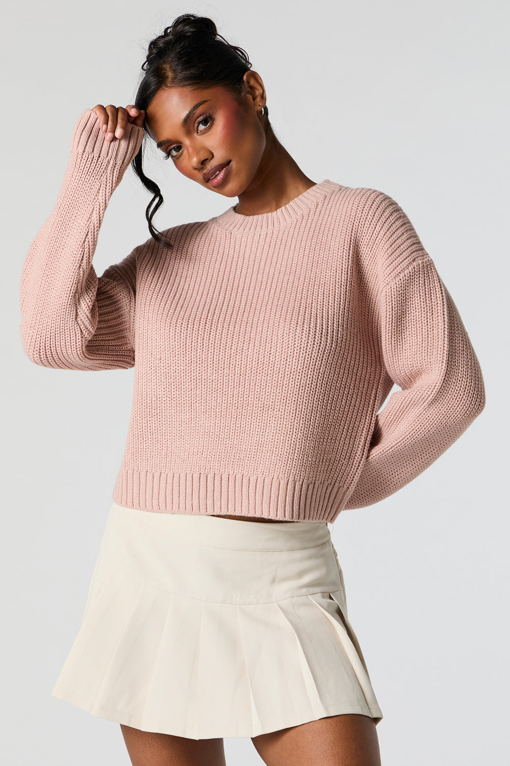 Solid Ribbed Knit Crewneck Skimmer Sweater Solid Ribbed Knit Crewneck Skimmer Sweater 1