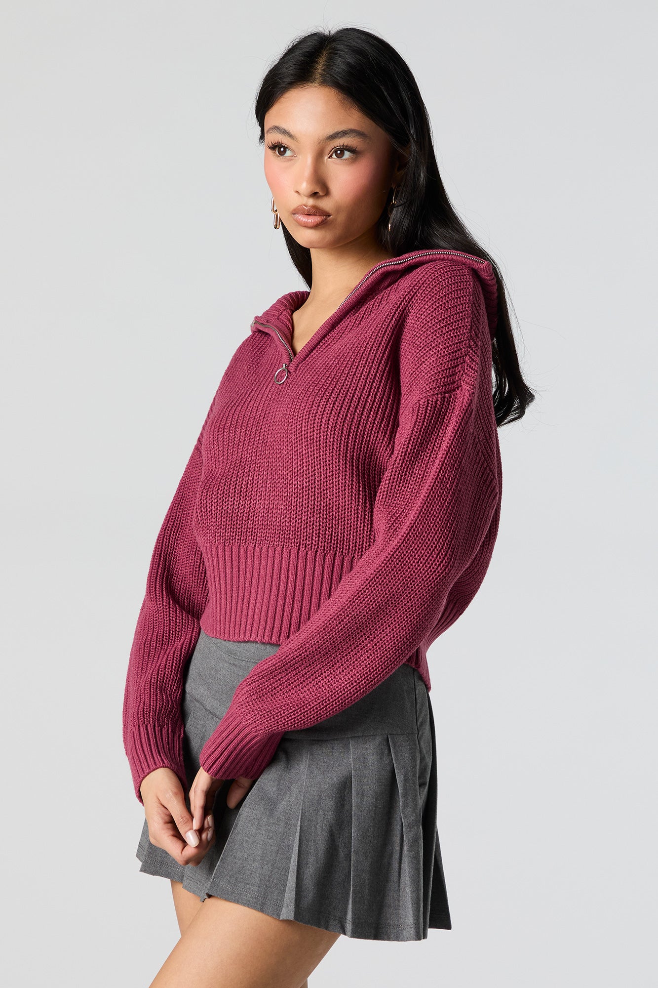 Ribbed Knit Quarter Zip Cropped Sweater