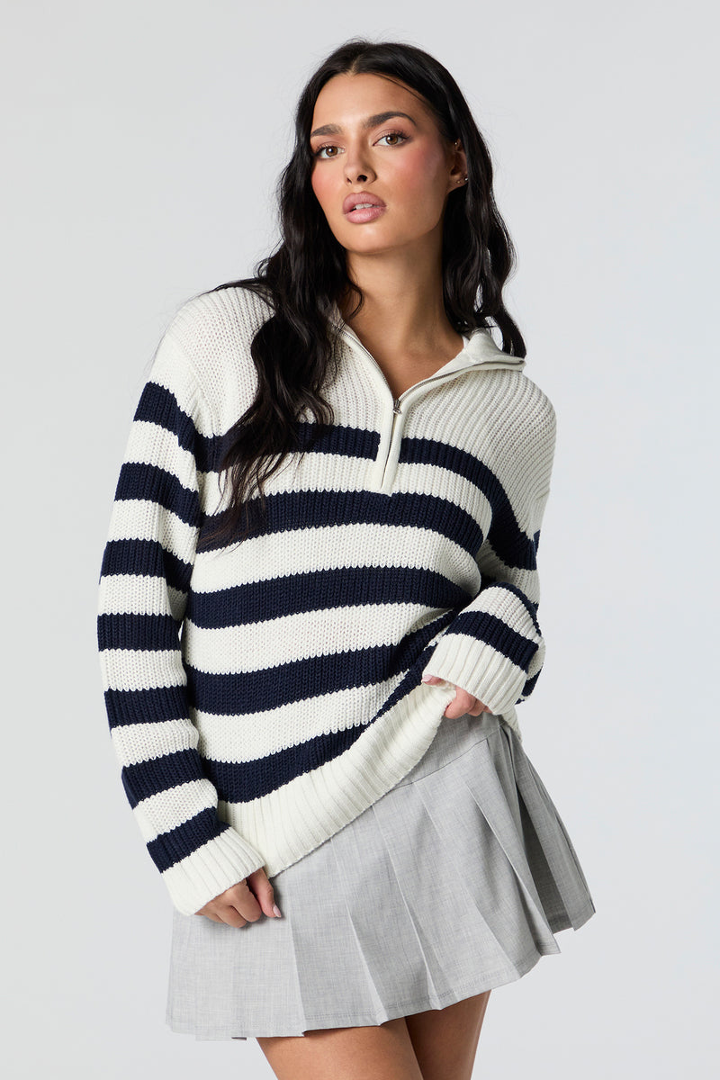 Striped Knit Quarter Zip Sweater