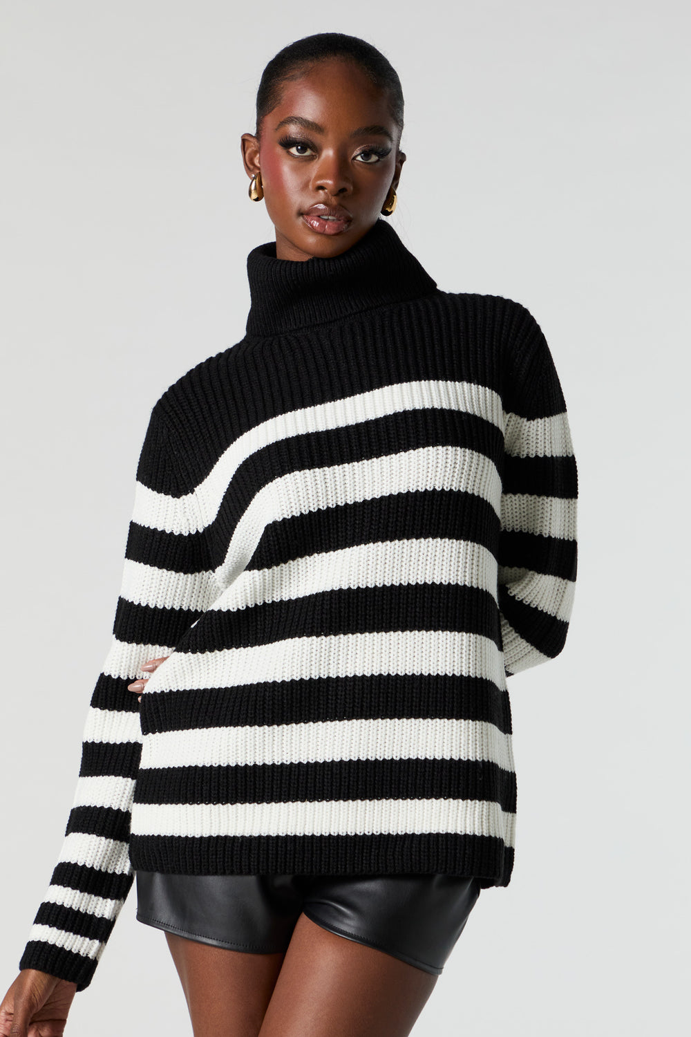 Striped Ribbed Knit Turtleneck Tunic Sweater Striped Ribbed Knit Turtleneck Tunic Sweater 5