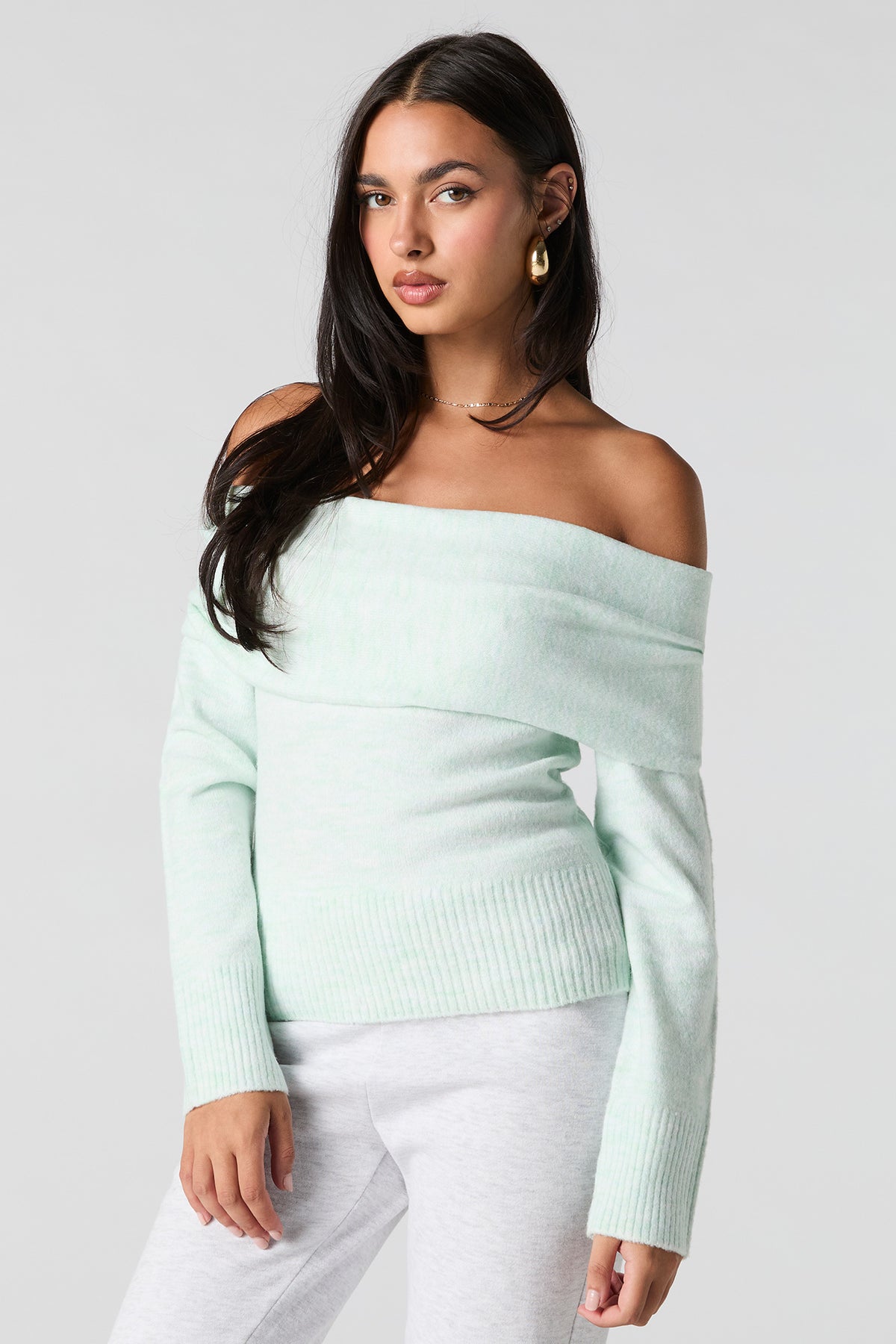 Mossy Knit Foldover Off Shoulder Sweater