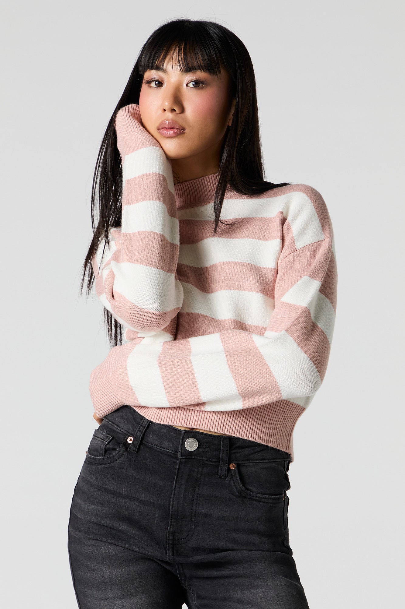 Striped Knit Mock Neck Sweater