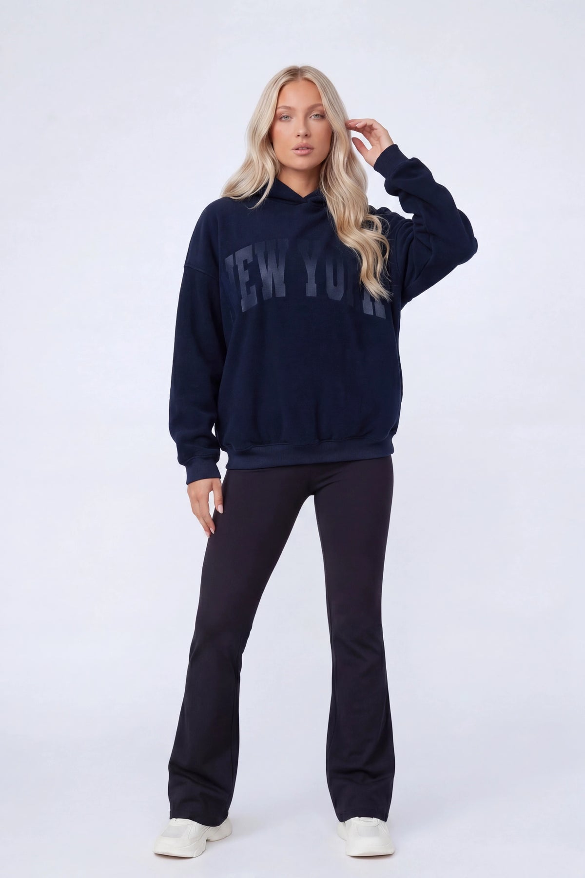 Alt View 2. Graphic Fleece Boxy Hoodie - Dark Blue - Shot 2 - Full Body Front - Dark Blue