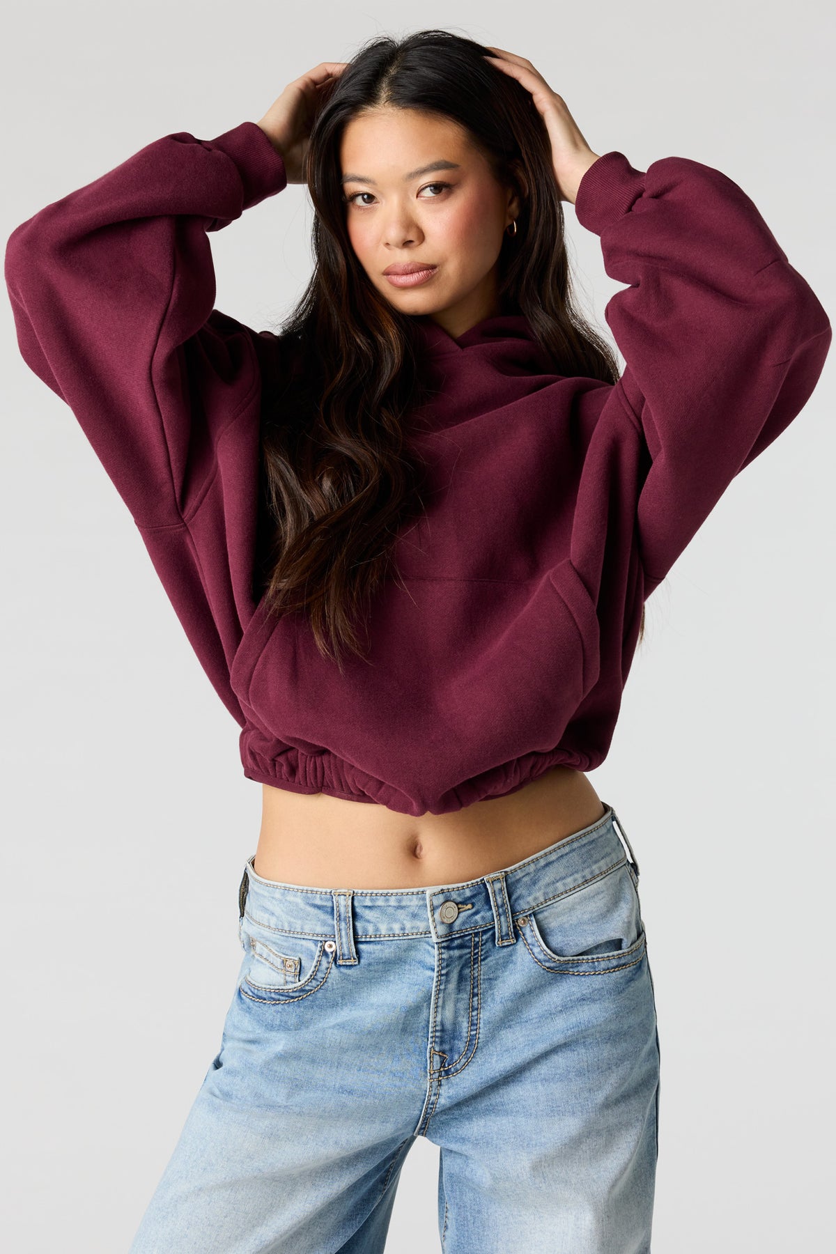 Luxe Fleece Bubble Hem Hoodie - Burgundy