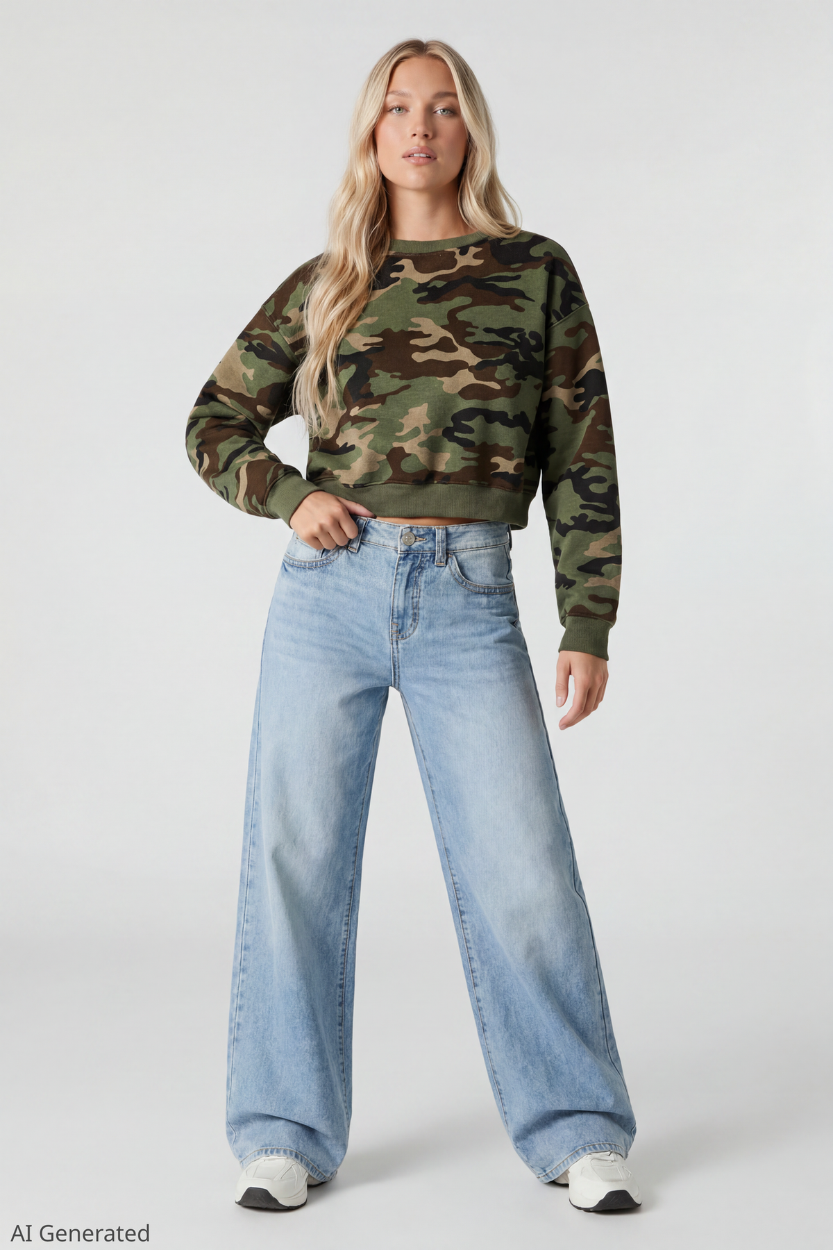 Alt View 2. Fleece Boxy Sweatshirt - Camouflage
