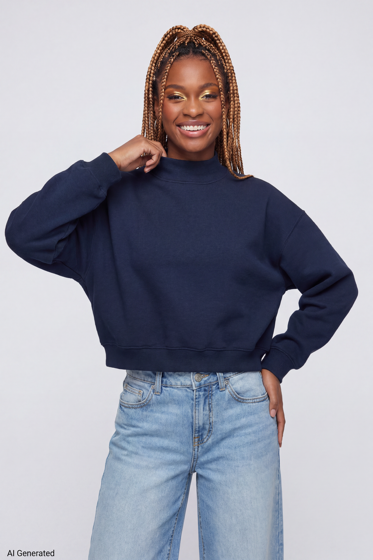 Fleece Boxy Mock Neck Sweatshirt - Dark Blue