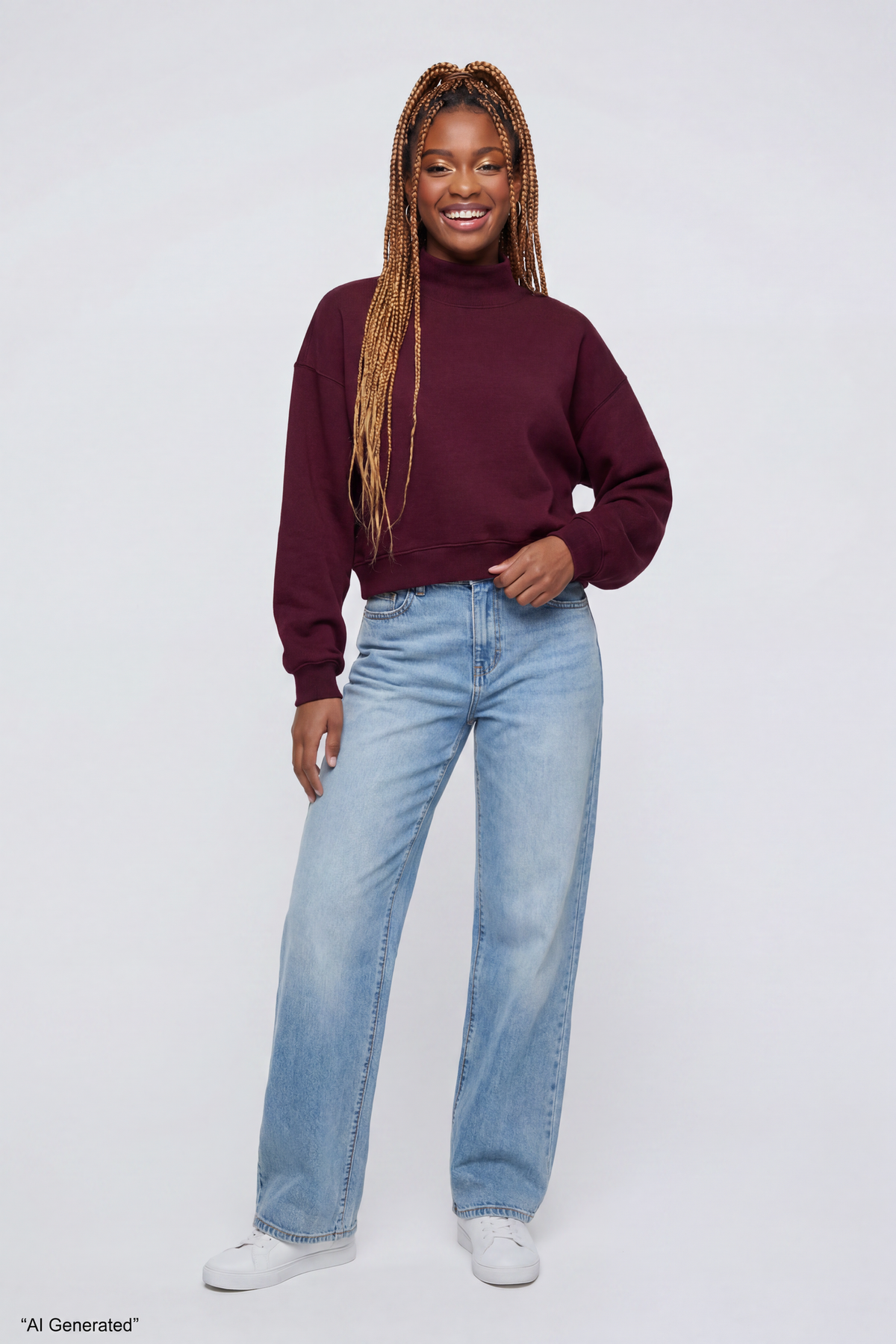 Alt View 2. Fleece Boxy Mock Neck Sweatshirt - Burgundy