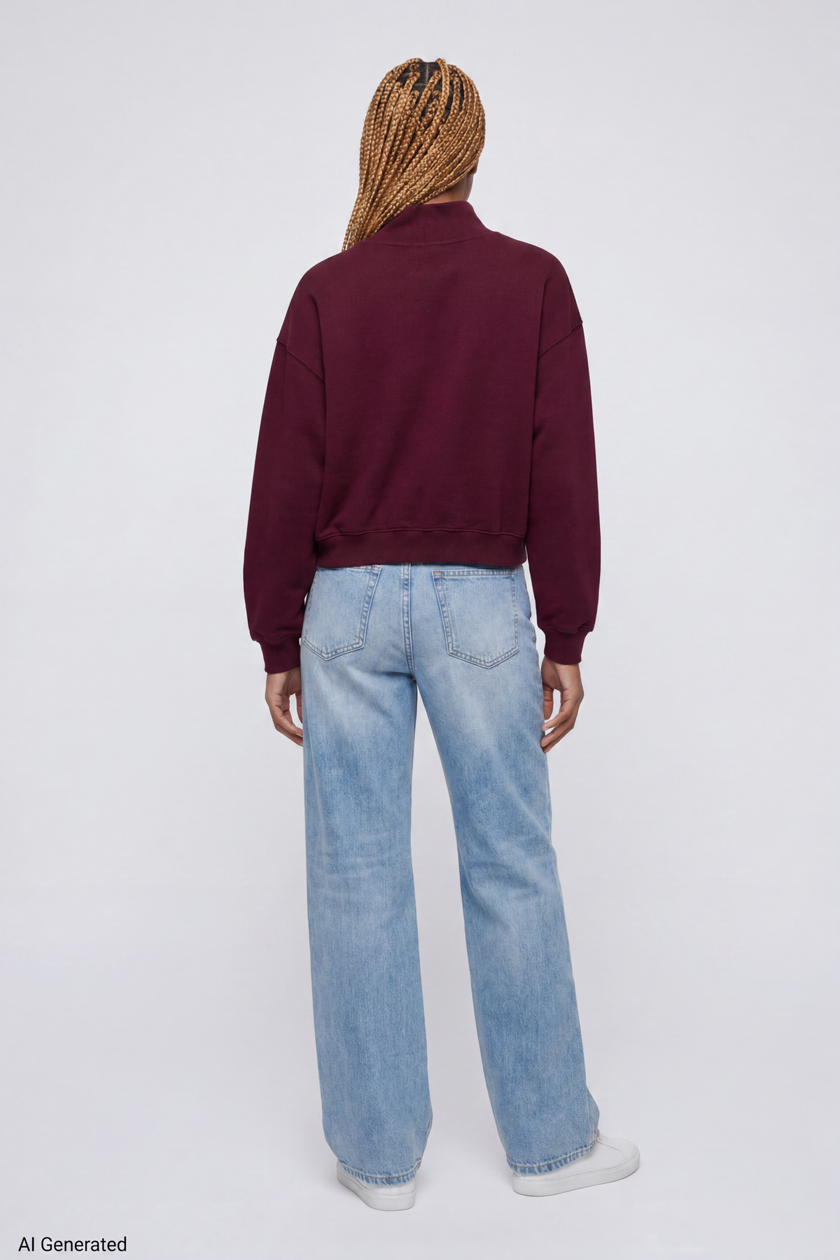 Alt View 3. Fleece Boxy Mock Neck Sweatshirt - Burgundy