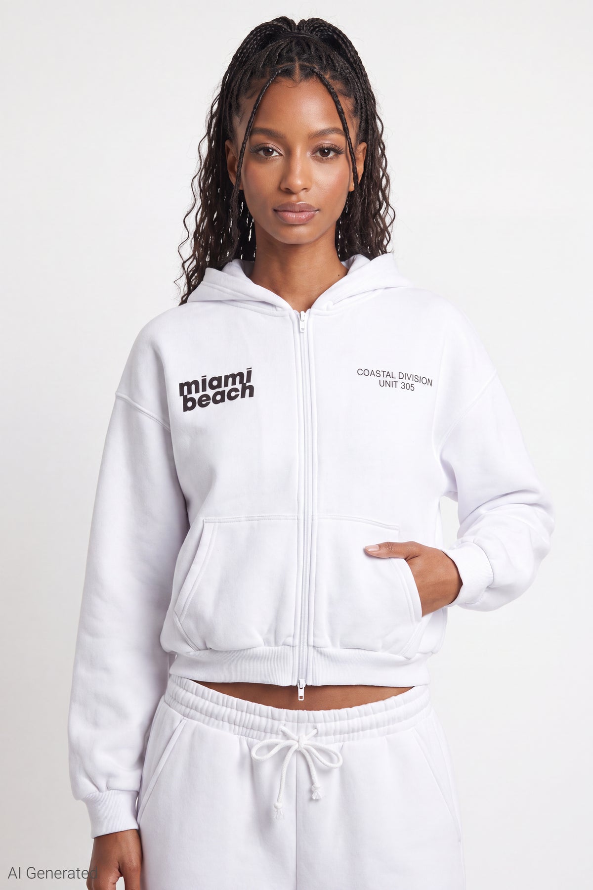Graphic Fleece Boxy Zip Hoodie - White