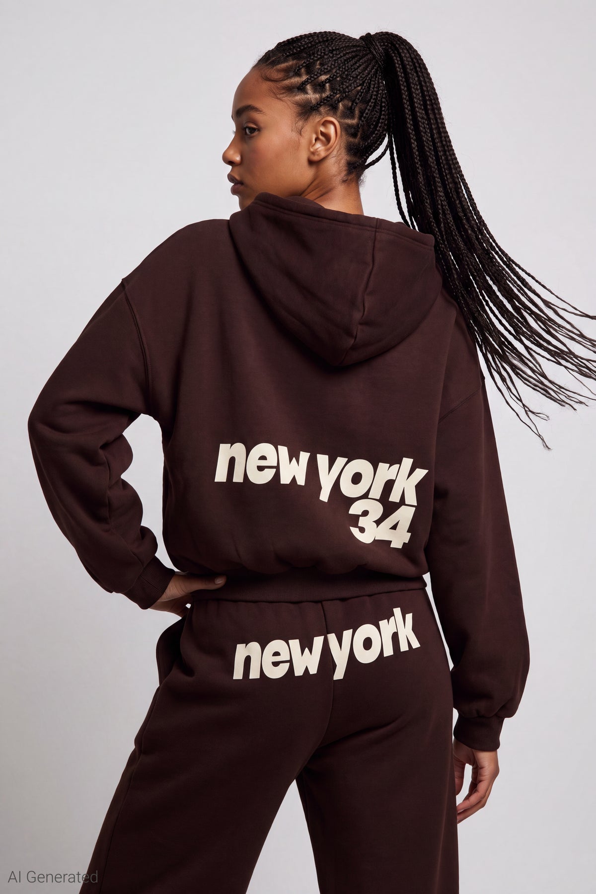 Graphic Fleece Boxy Zip Hoodie - Brown