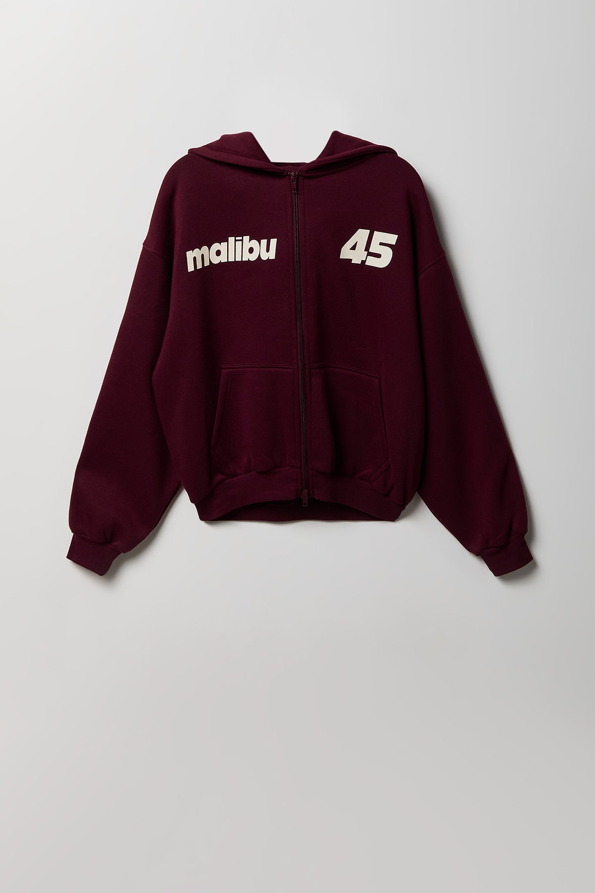 Graphic Fleece Boxy Zip Hoodie - Burgundy
