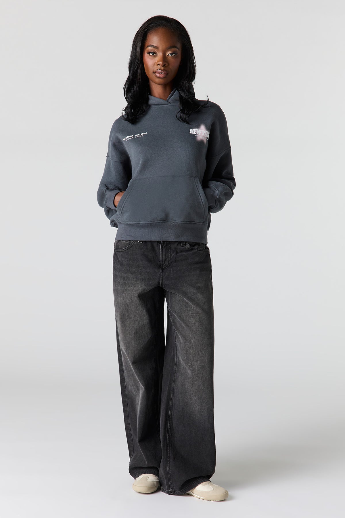 Alt View 3. Luxe Fleece Graphic Boyfriend Hoodie - Dark Grey