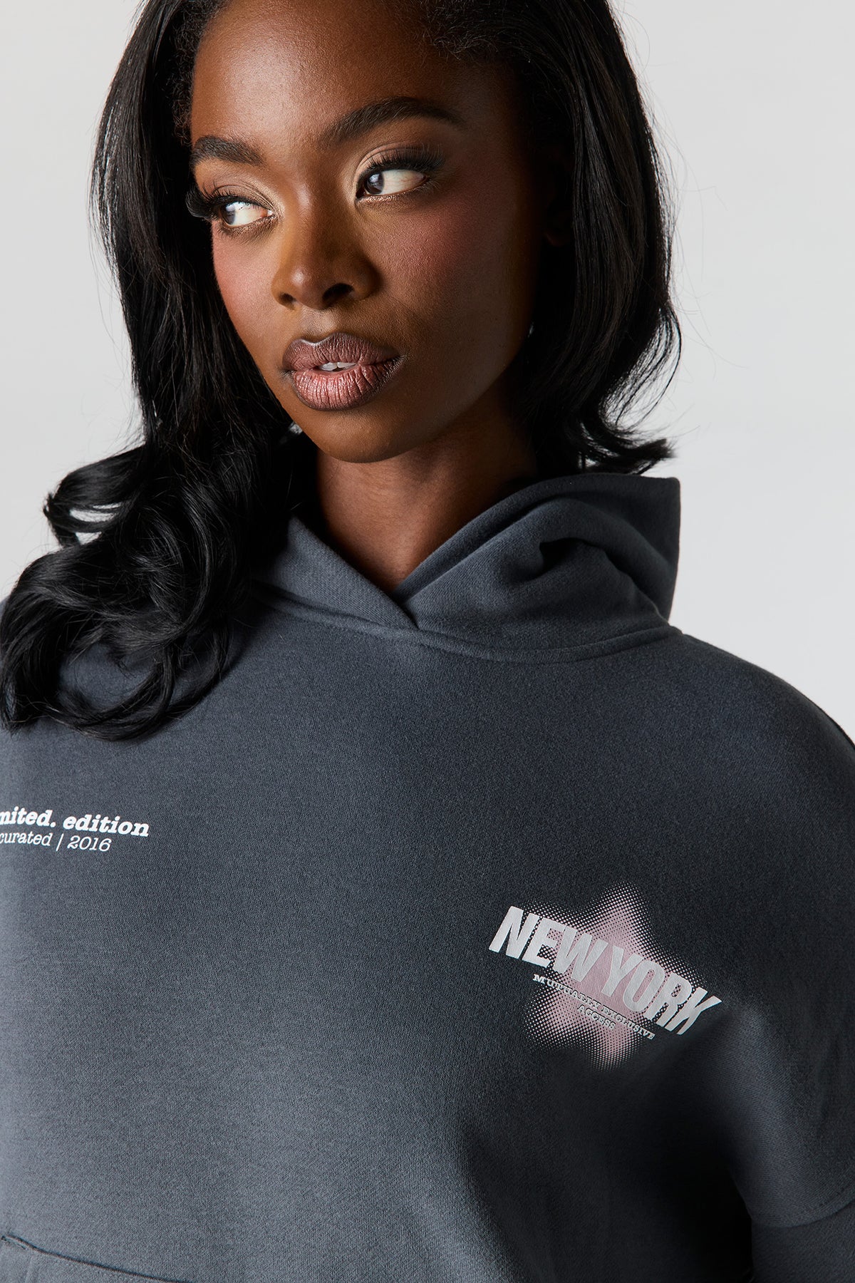Alt View 4. Luxe Fleece Graphic Boyfriend Hoodie - Dark Grey