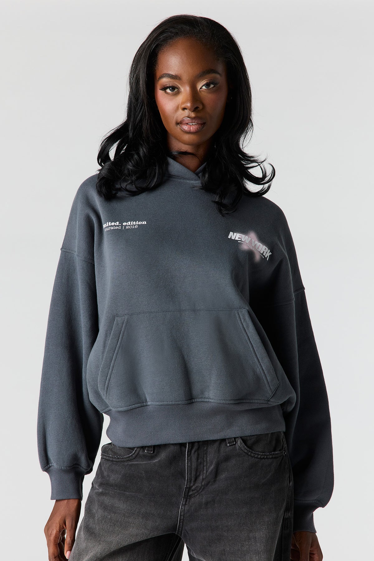 Alt View 2. Luxe Fleece Graphic Boyfriend Hoodie - Dark Grey
