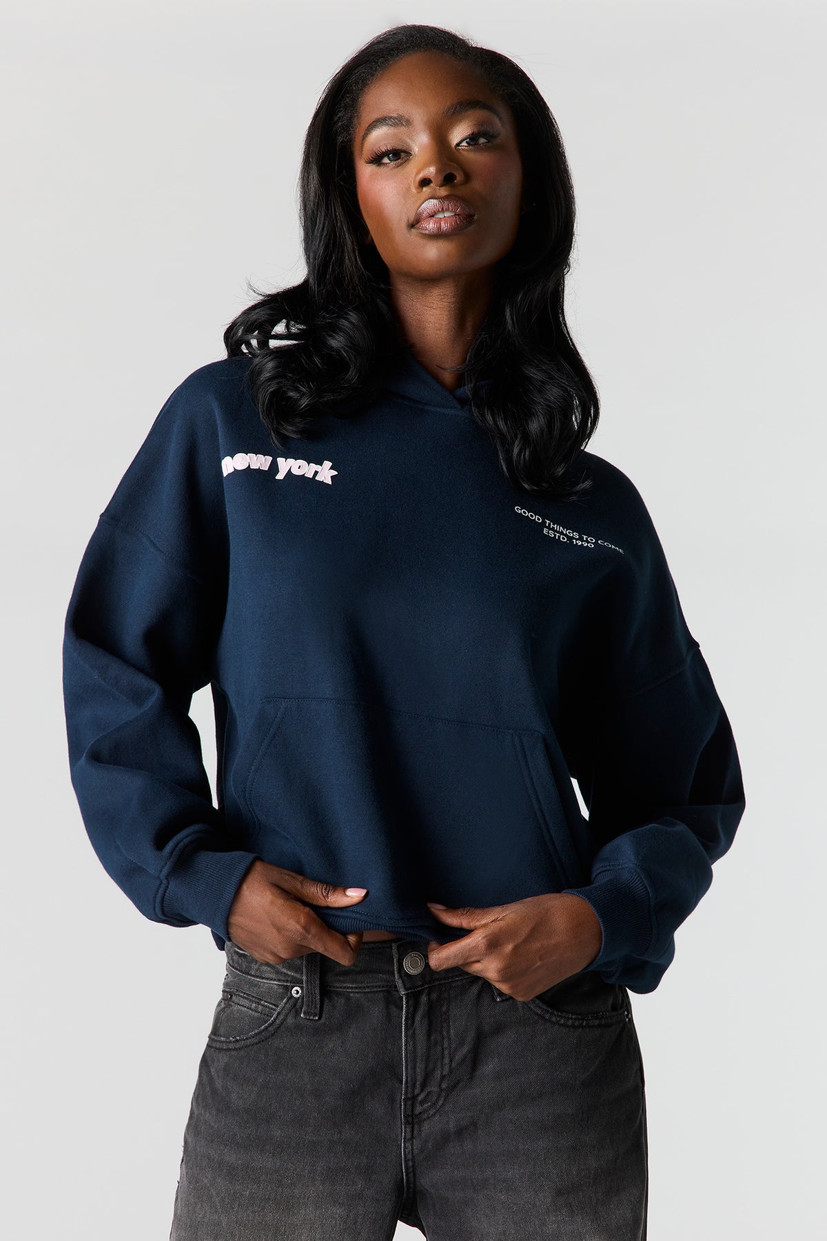 Alt View 2. Luxe Fleece Graphic Boyfriend Hoodie - Dark Blue