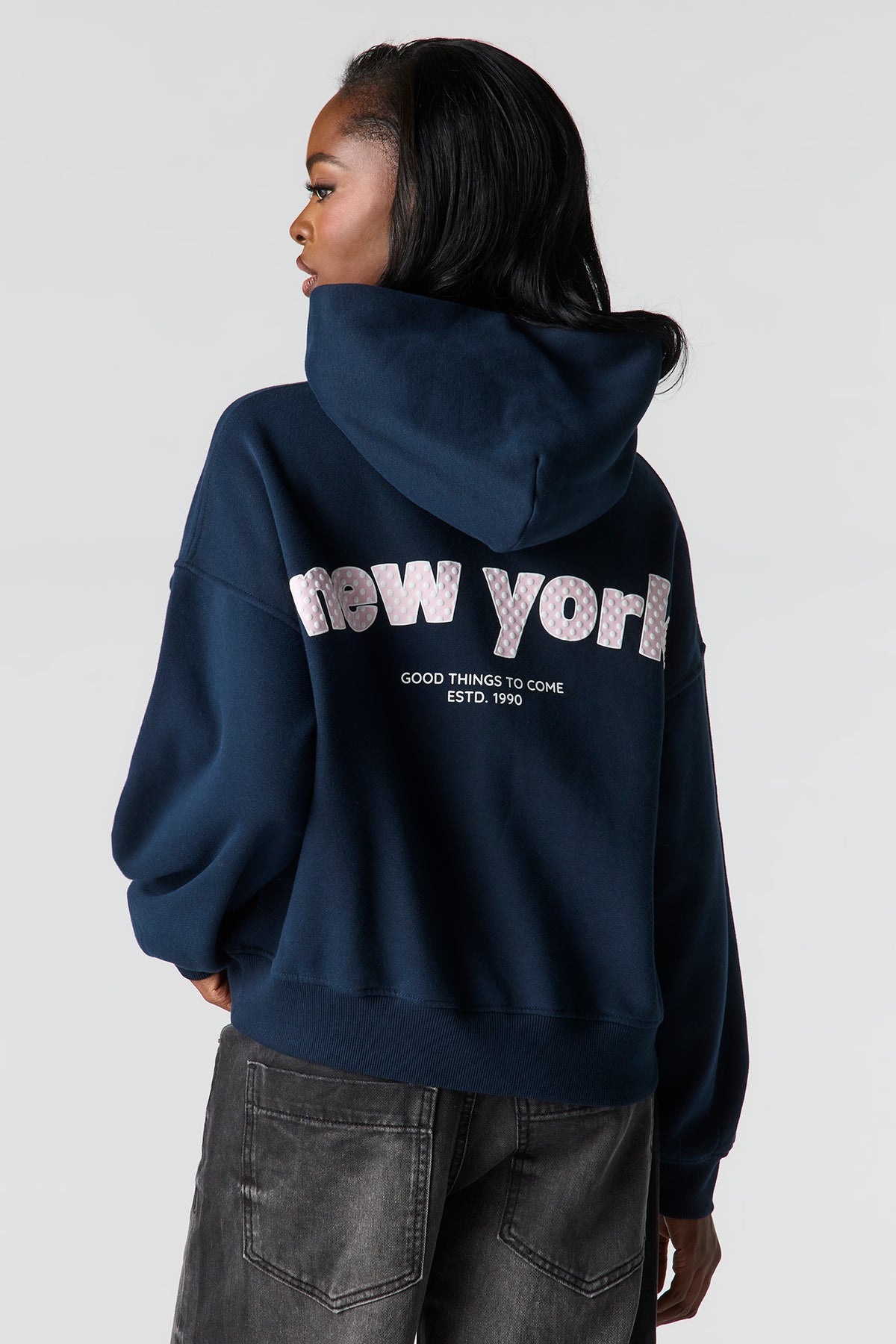 Luxe Fleece Graphic Boyfriend Hoodie - Dark Blue