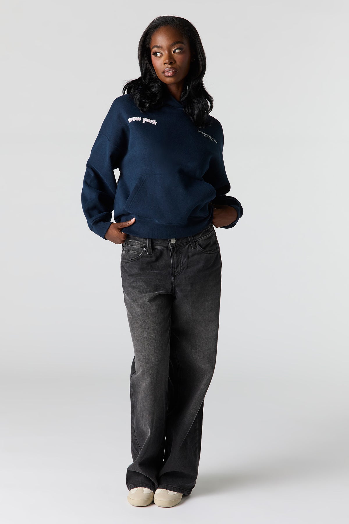 Alt View 3. Luxe Fleece Graphic Boyfriend Hoodie - Dark Blue
