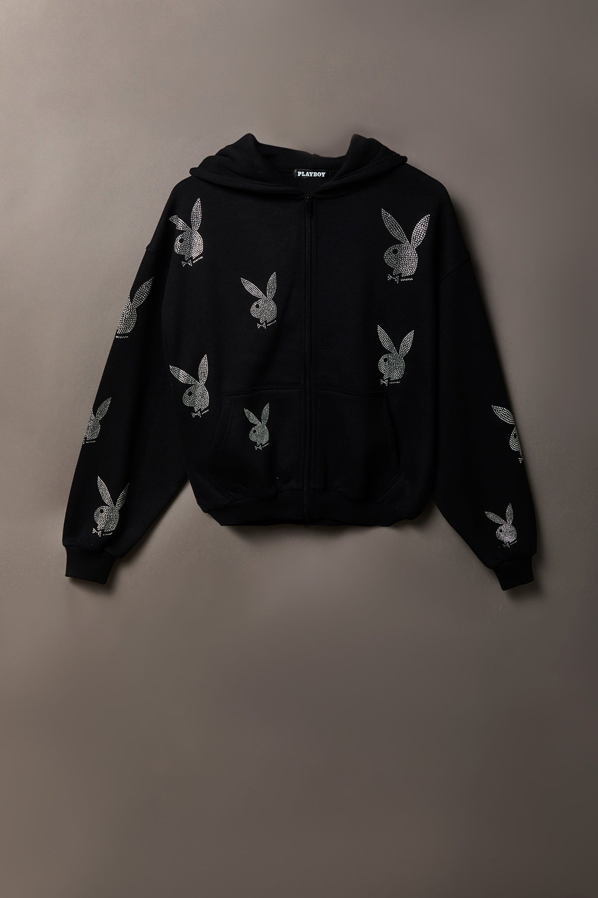 Playboy Rhinestone Boxy Zip Hoodie - Black