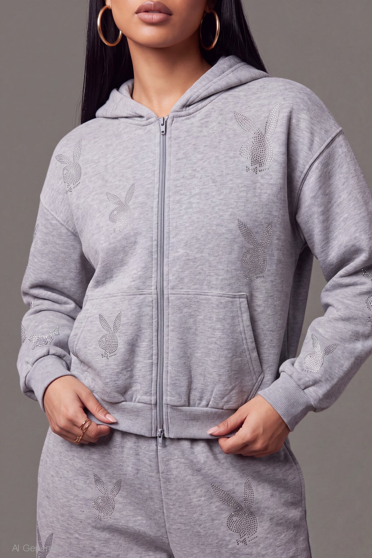 Alt View 4. Playboy Rhinestone Boxy Zip Hoodie - Heather Grey