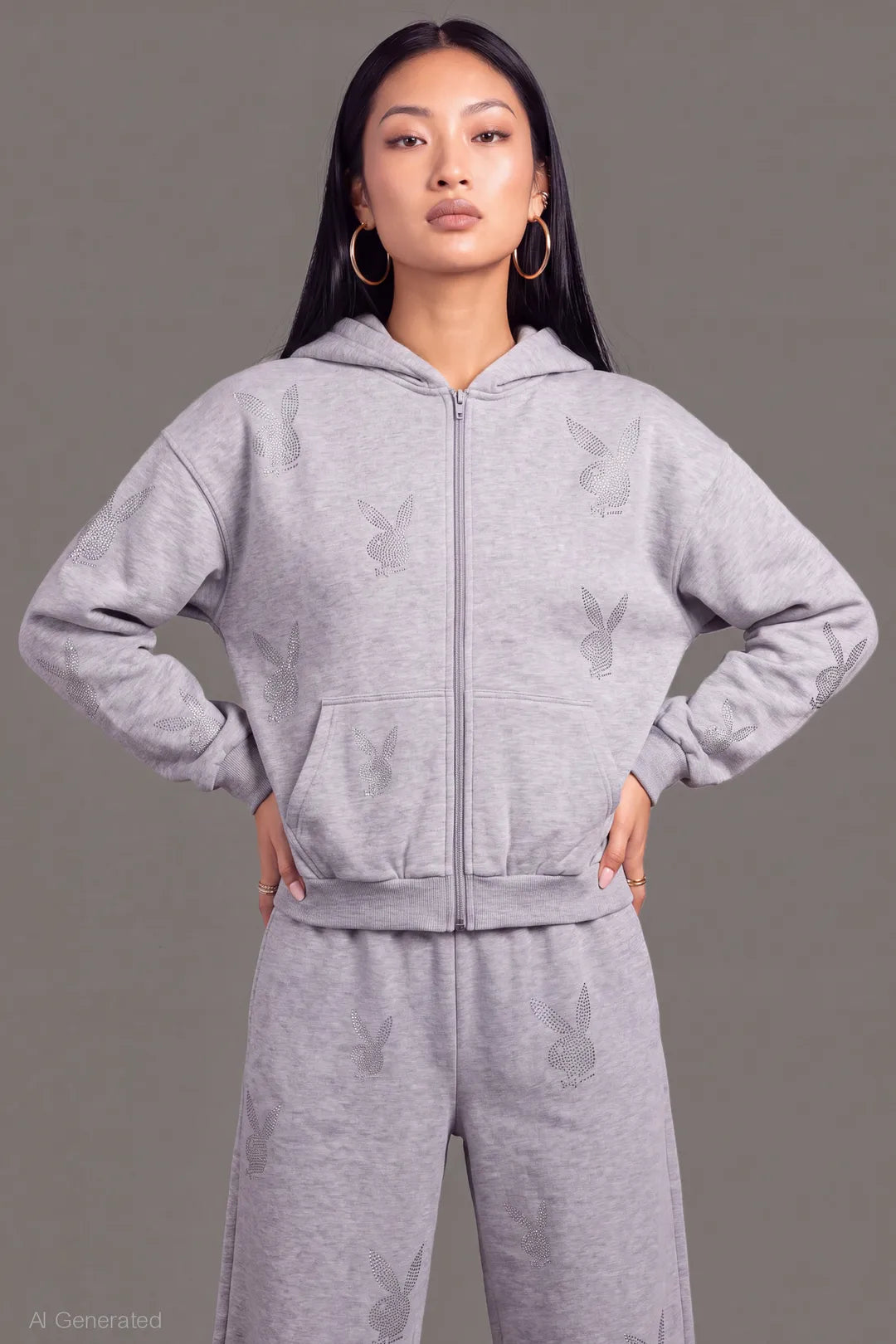 Playboy Rhinestone Boxy Zip Hoodie - Heather Grey