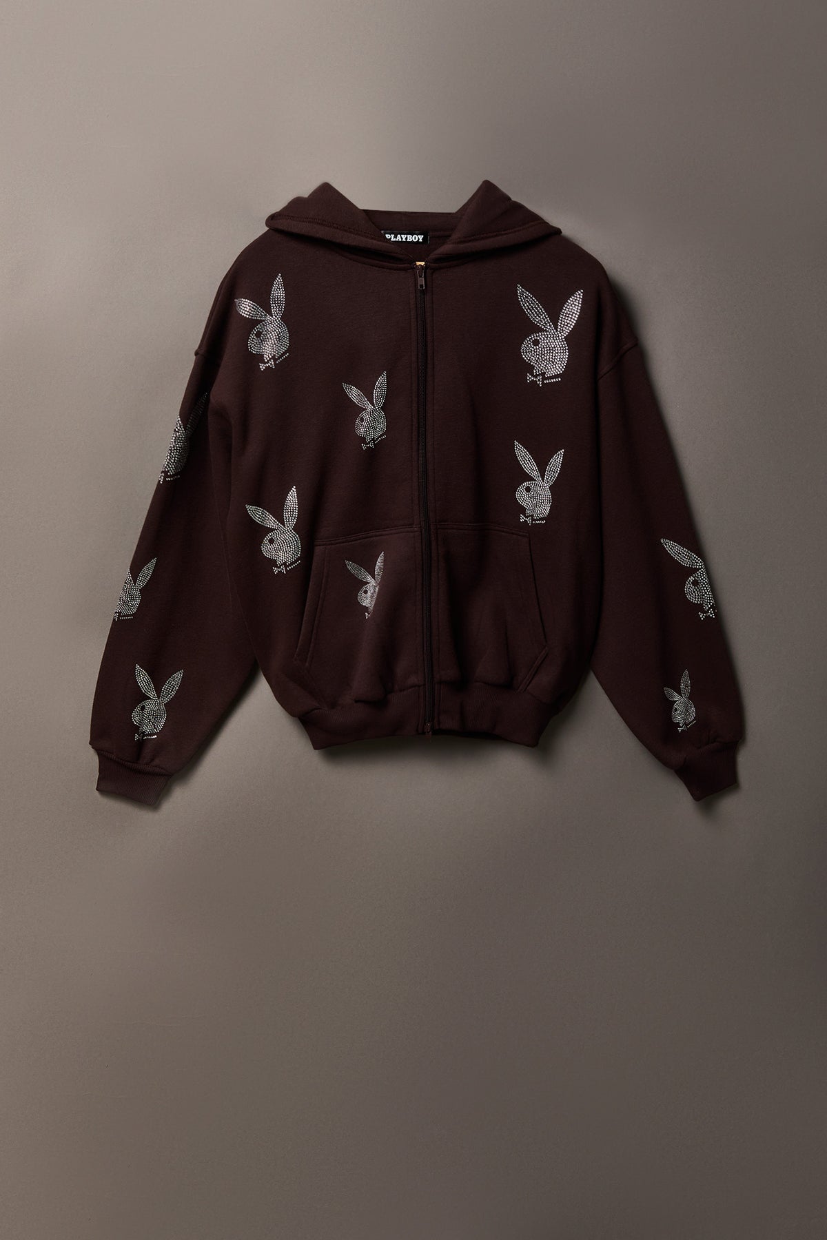 Playboy Rhinestone Boxy Zip Hoodie - Brown