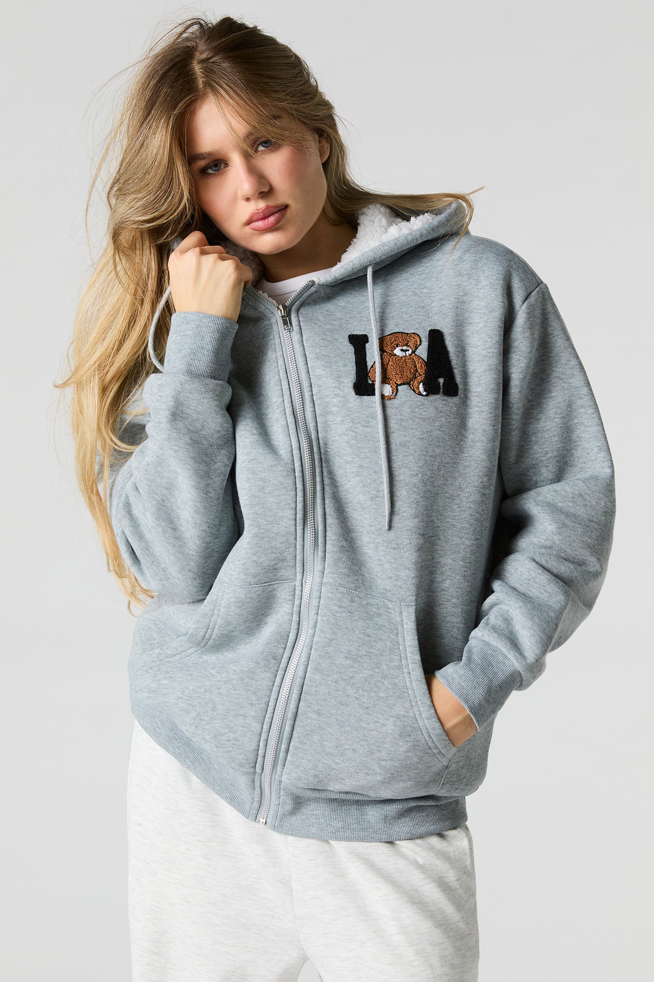 Chenille Embroidered Faux Fur Lined Fleece Hoodie