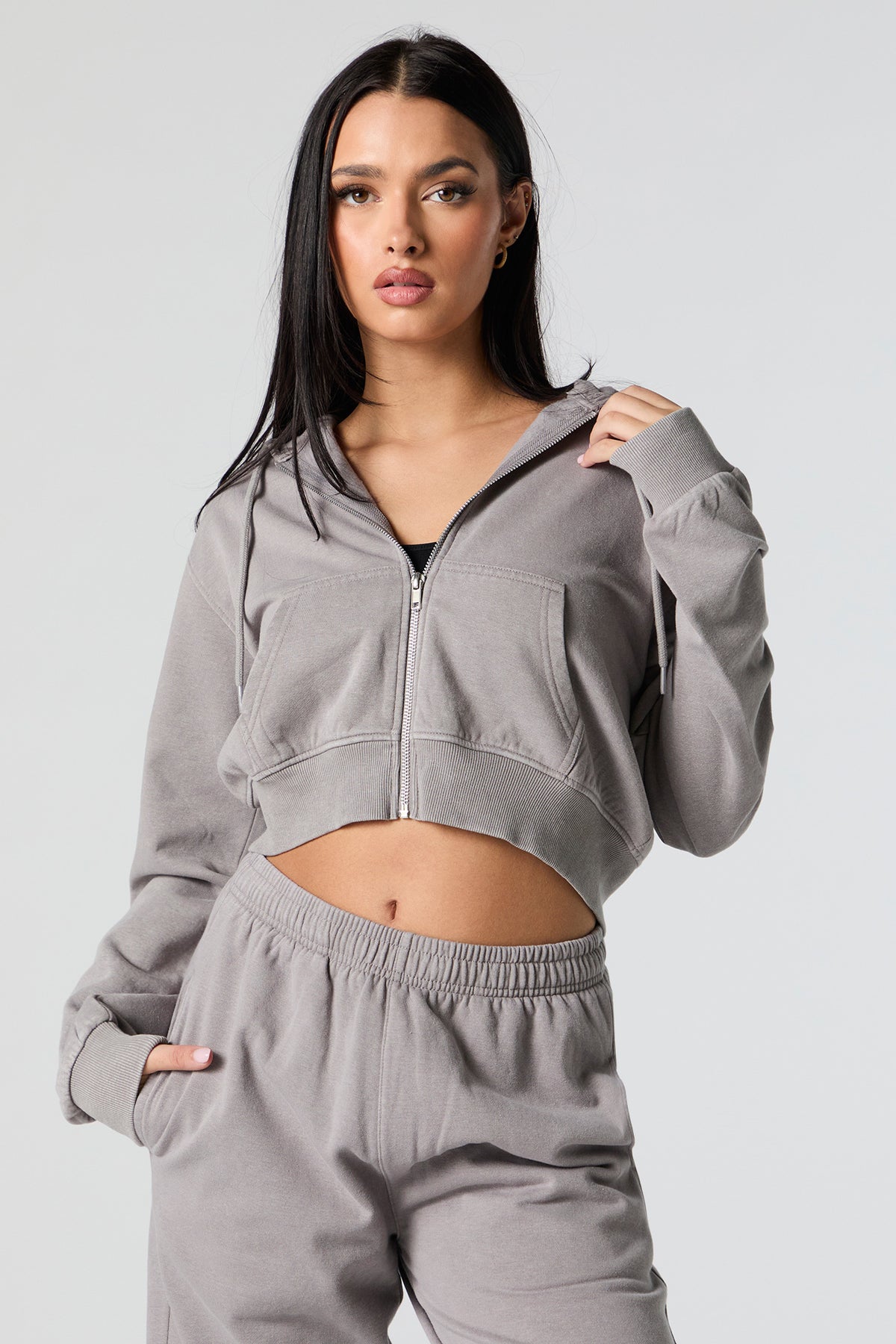 Fleece Washed Zip-Up Cropped Hoodie