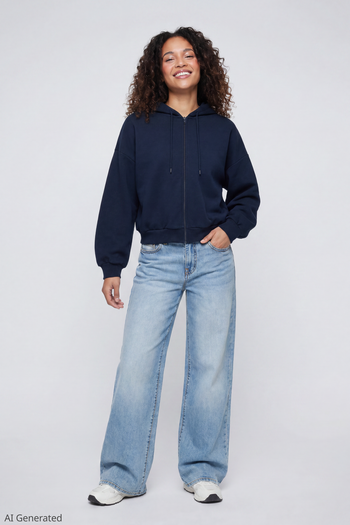 Alt View 2. Fleece Boxy Zip Hoodie - Dark Blue