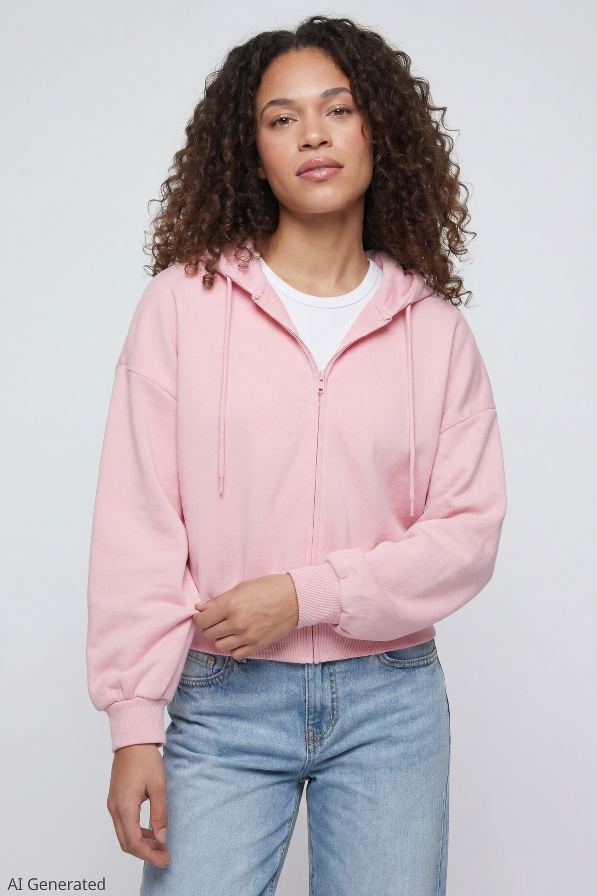 Fleece Boxy Zip Hoodie - Light Pink