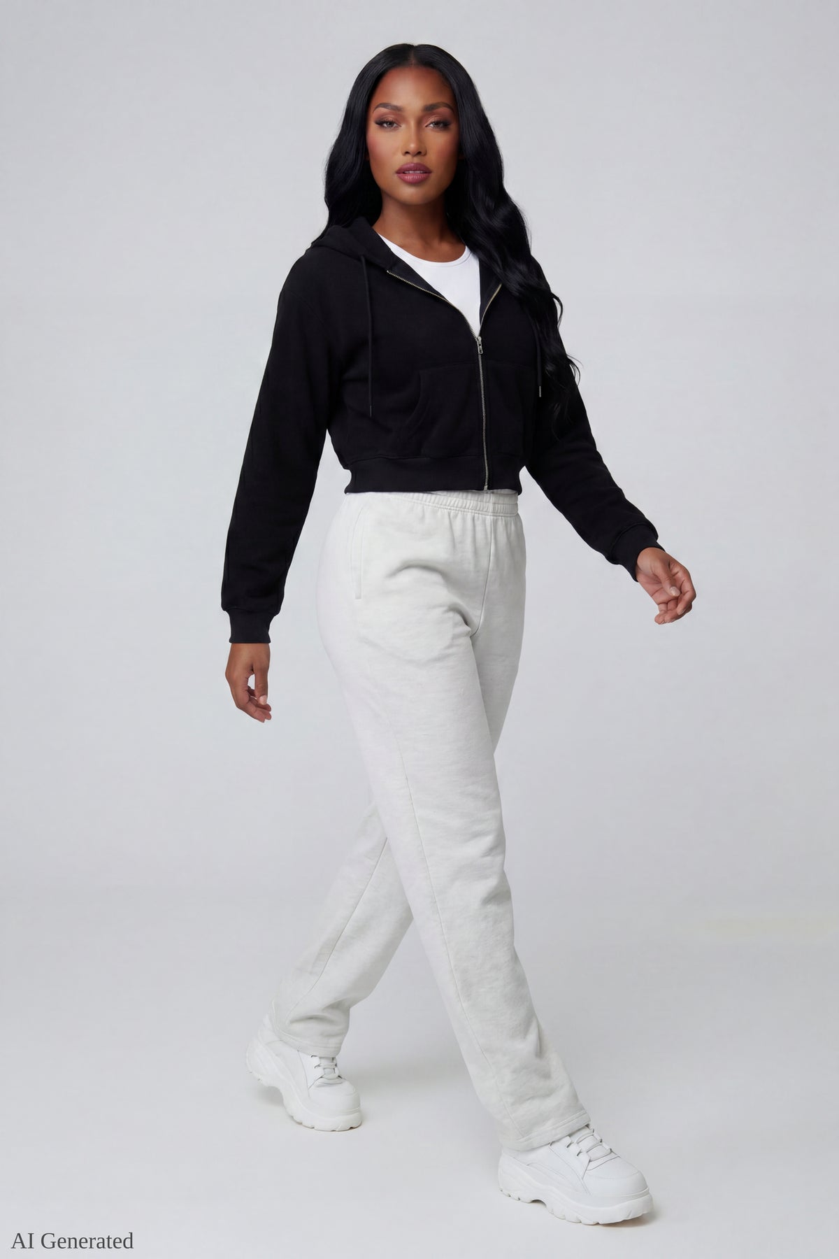 Alt View 2. Fleece Cropped Zip Hoodie - Black