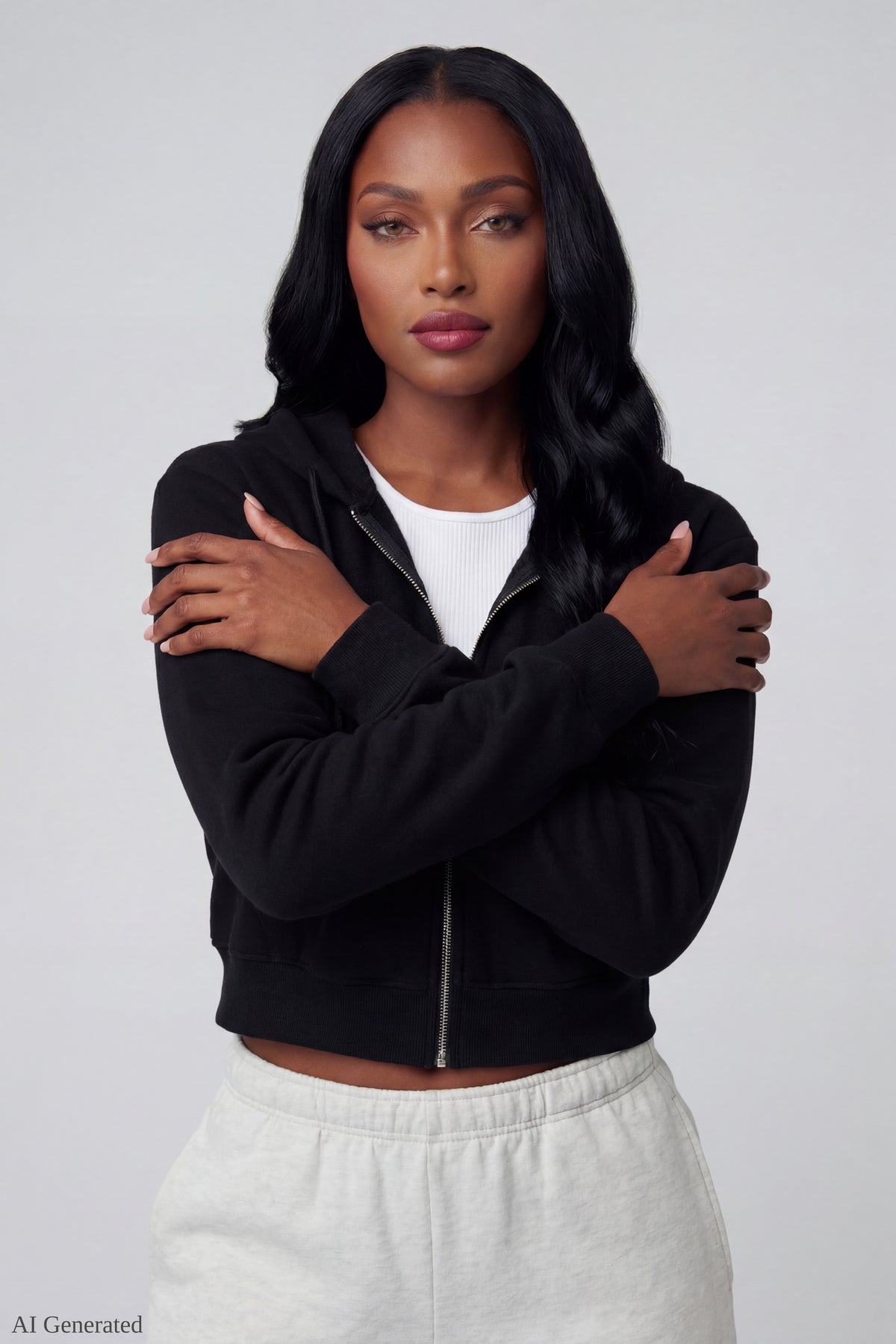 Fleece Cropped Zip Hoodie - Black