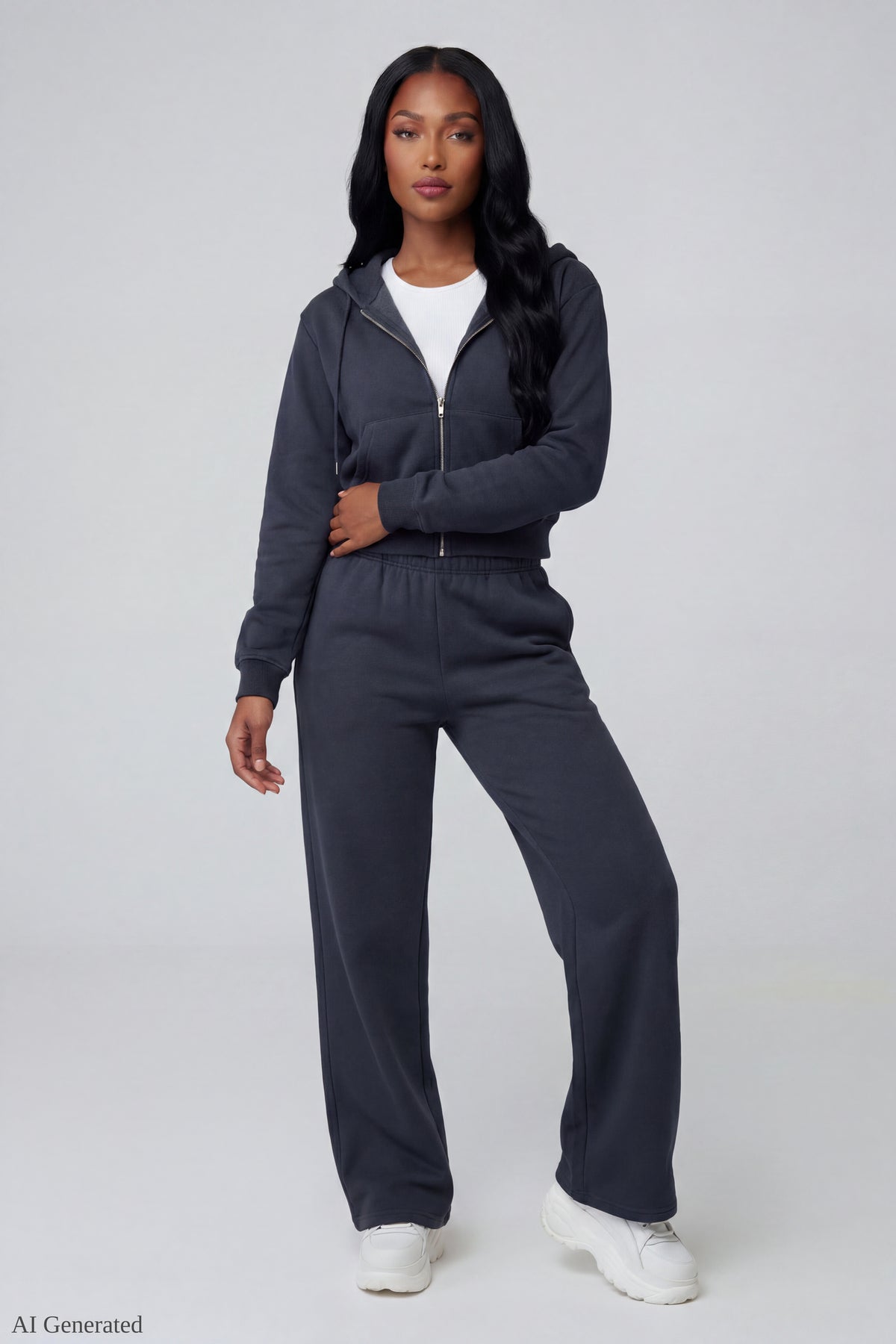 Alt View 2. Fleece Cropped Zip Hoodie - Dark Grey