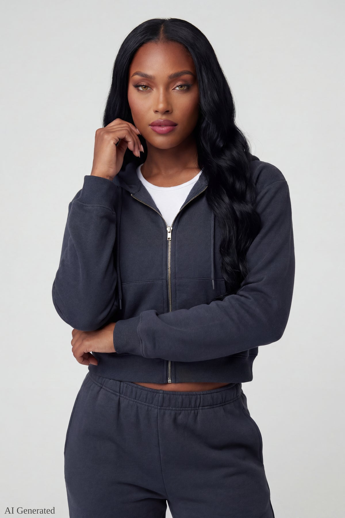 Fleece Cropped Zip Hoodie - Dark Grey