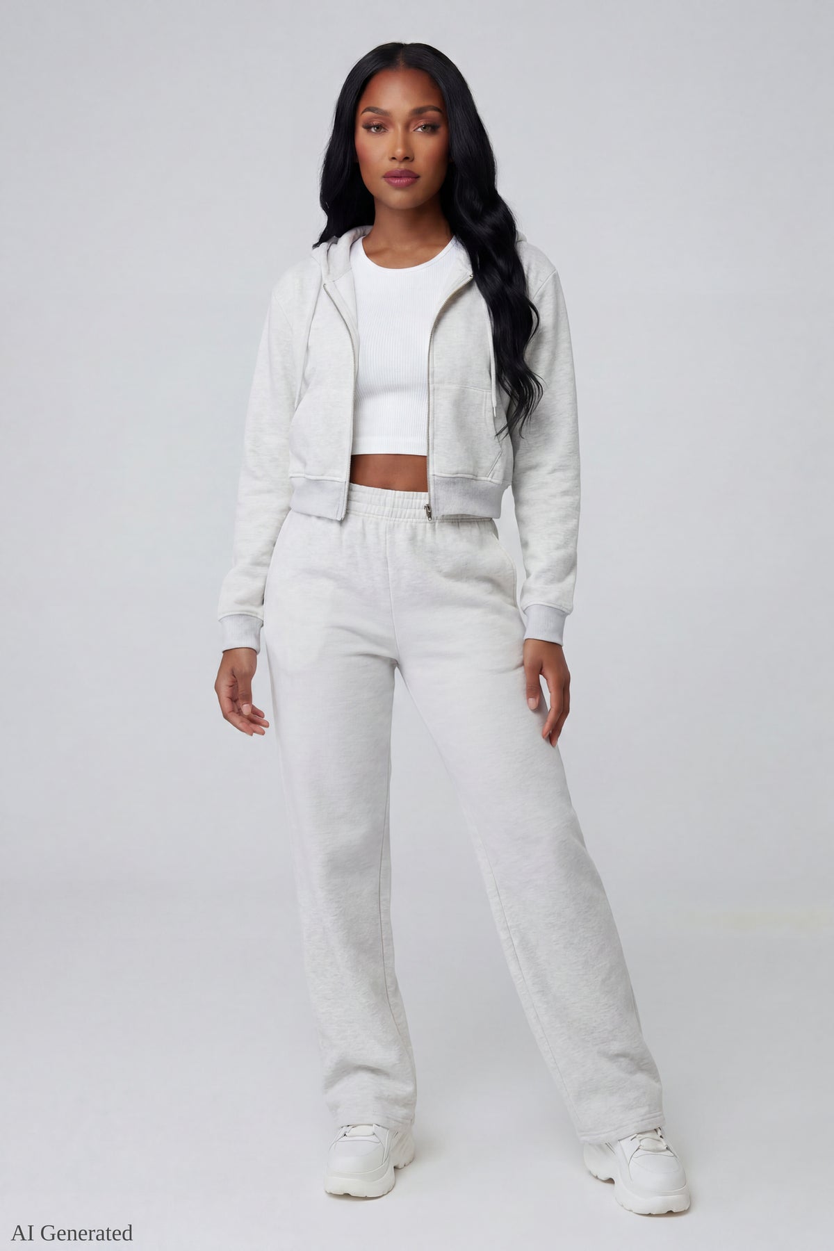 Alt View 2. Fleece Cropped Zip Hoodie - Light Grey